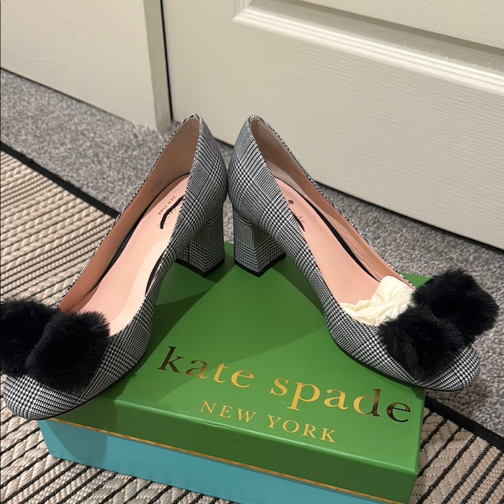 Kate Spade Black and Gray Heels with Pom-Pom Detail